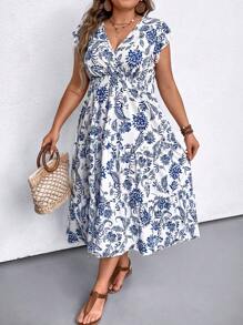 SHEIN LUNE Plus Size V-Neck Floral Print Ruffle Hem Tie Waist Vacation Dress, Women Summer Outfit