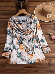 Damska luźna koszulka z nadrukiem tie-dye i okrągłym dekoltem, z długim rękawem, wiosna/lato