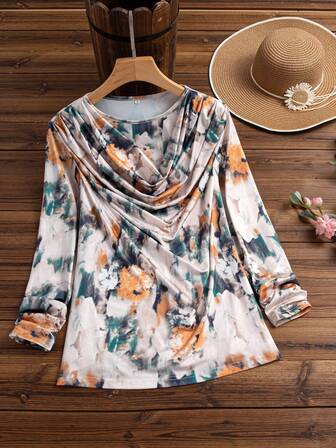 女式宽松扎染印花圆领长袖 T 恤，春夏