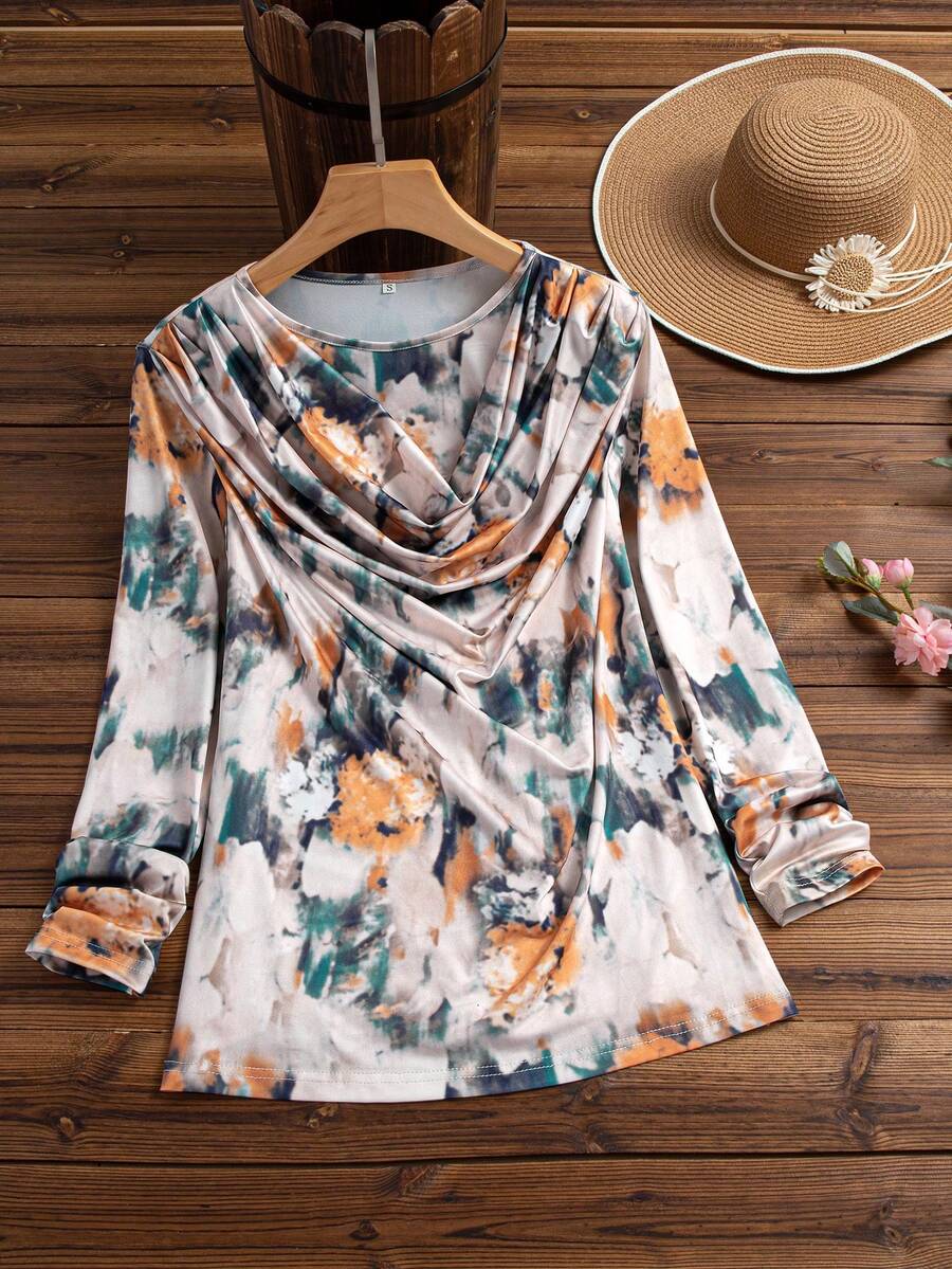 Damska luźna koszulka z nadrukiem tie-dye i okrągłym dekoltem, z długim rękawem, wiosna/lato