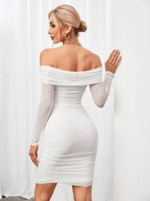 SHEIN Tall Vestido blanco con hombros descubiertos decorados con perlas para mujer - Blanco - Ver 4
