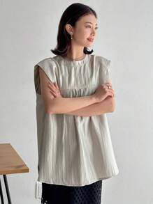 FRIFUL Áo sơ mi nữ không tay cổ tròn màu trơn, mùa hè - Màu be - Xem 4