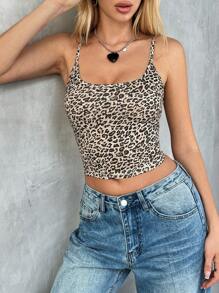 Flirla Top sin mangas estampada con estampado de leopardo para uso diario de mujer, camiseta con estampado de guepardo gráfico para primavera/verano