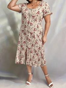 SHEIN LUNE Summer Plus Size Women Fashionable Ditsy Floral Short Sleeve Dress