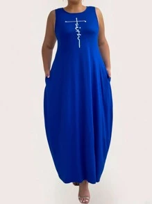 SHEIN LUNE Summer Plus Size Women Simple Printed Solid Color Sleeveless Dress - Royal Blue - View 4