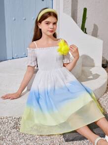 Tween Girl Summer Shirred Cold Shoulder Casual Gradient Dress For Beach Vacation