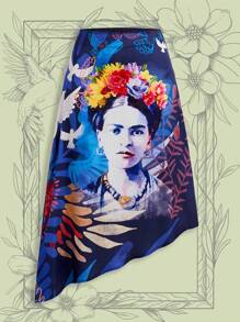 Frida Kahlo X SHEIN 度假风格夏季半身裙，带有植物和图案印花、不对称下摆 - 藍色 - 查看 6