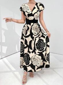 Modelyn 女士花卉印花 V 领优雅连衣裙 长款女士套装 长款晚礼服 - 彩色 - 查看 3