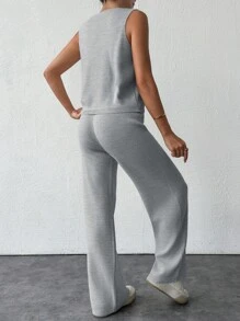 EURMUSE Women's Solid Color Simple Knitted Vest And Long Pants Set For Daily Wear - Light Grey - View 2