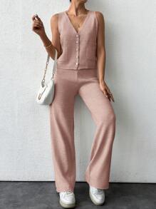 EURMUSE Ladies Solid Color Simple Daily Knitted Sweater Vest And Long Pant Two-Piece Set - Baby Pink - View 4