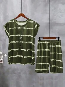 Maweii Plus Size Tie-Dye Top And Shorts Casual Two-Piece Set - Army Green - View 5