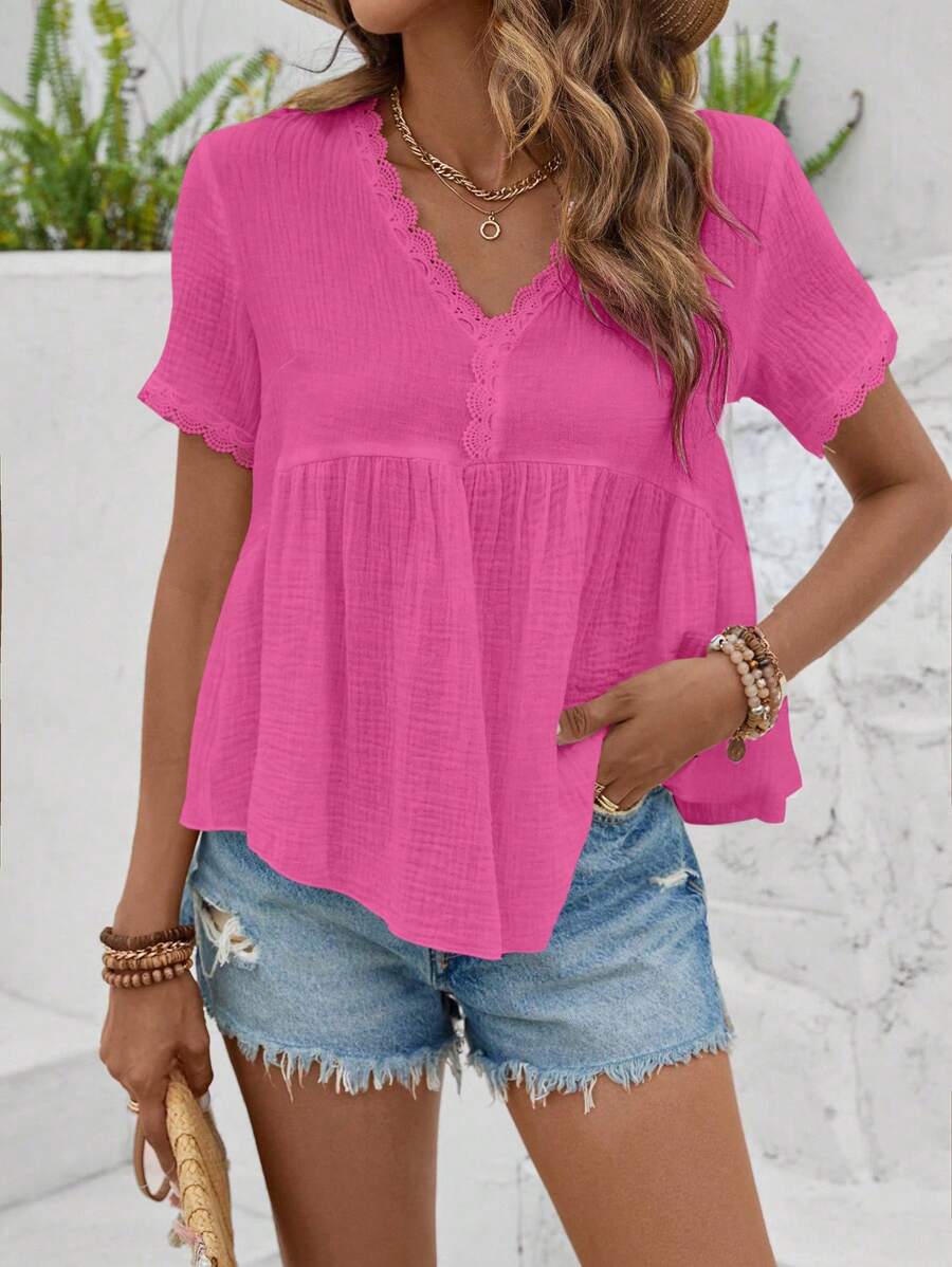 SHEIN LUNE Blusa de mujer de verano con cuello en V de unicolor, manga corta y volante - Rosa Fucsia - Ver 1