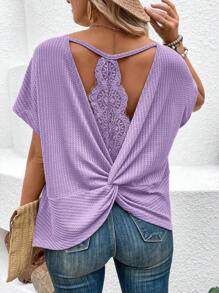 Breezaya Women's Summer Solid Color Round Neck Short Sleeve T-Shirt With Lace Back Panel And Knot Detail, Casual