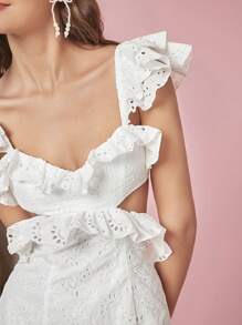 Enchnt Women Cute Holiday Summer Spring Graduation Party Solid Color Sweetheart Neck Cap Sleeve Waist Hollow Out Simple White Dress