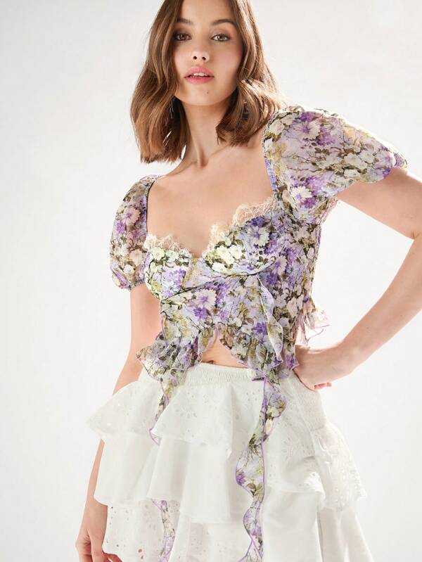 Enchnt Women's Purple Princess Summer Lace Floral Print Patchwork Asymmetrical Hem Sweetheart Neckline Top With Ruffle Trim