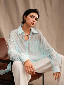 Anewsta Striped Rhinestone Decor Casual Fashion Turn-Down Collar Flowy Long Sleeve Shirt - Blue - View 3