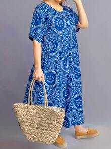 SHEIN Clasi Summer Plus Size Women's Random Printed Short Sleeve Dress - Multicolor - View 1