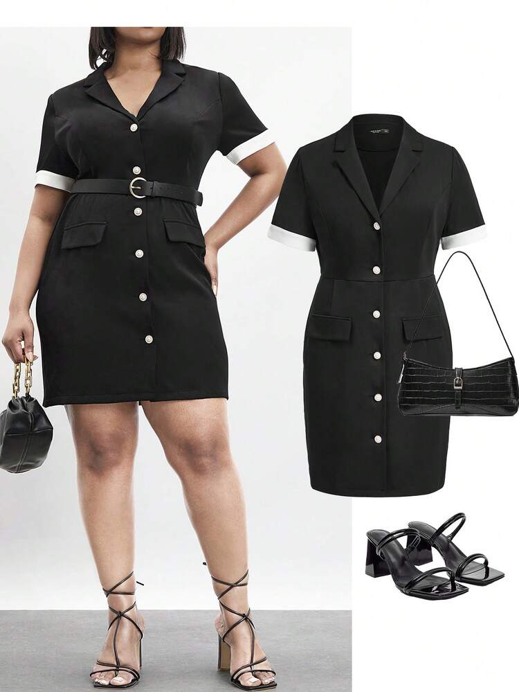 Plus Size Women Colorblock Suit Collar Single-Breasted Waist-Cinched Dress