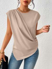 Calvaya Damesshirt met ronde hals, effen kleur en asymmetrische zoom