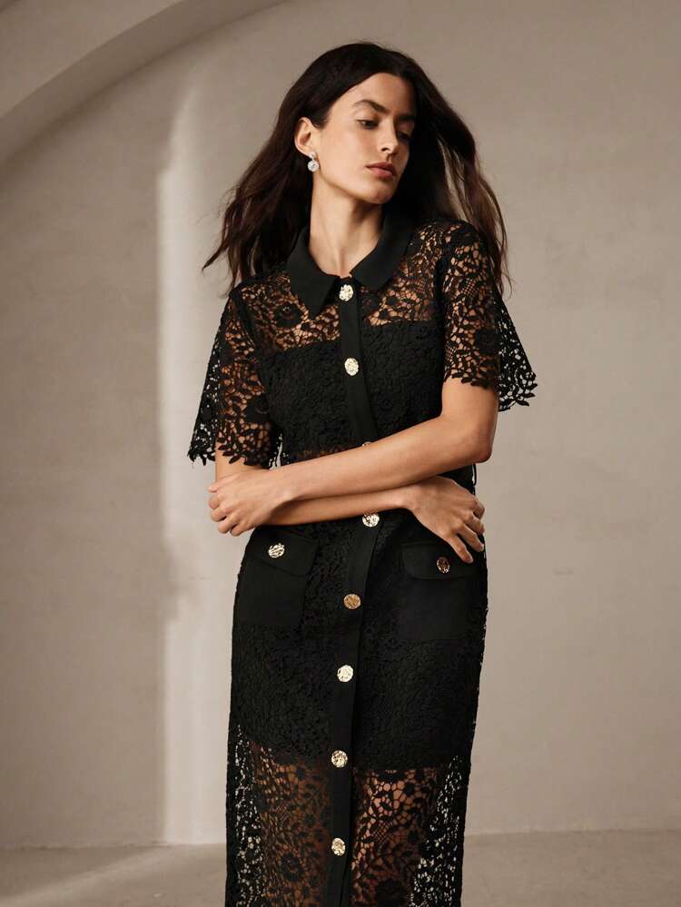 Ladies Classic Shirt Dress With Textured Lace Hollow Out Detail Maxi Women Outfit