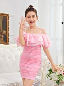 SHEIN Tween Girl Cold Shoulder Ruffle Trim Ruched Mesh Dress - Baby Pink - View 1