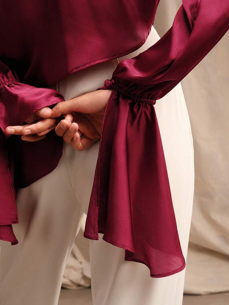 Women's Solid Color Open Shoulder Flared Sleeve Casual Long-Sleeved Shirt