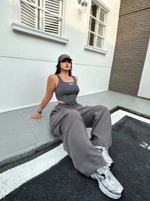 Flirla Plus Size Women Letter Printed Tank Top And Utility Pants Two-Piece Set For Summer Leisure - Grey - View 5