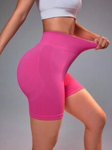 Powerista Quần short tập luyện hàng ngày đơn giản liền mạch màu trơn cho nữ, quần short tập gym, quần short đi xe đạp - Màu Hồng Tươi - Xem 3