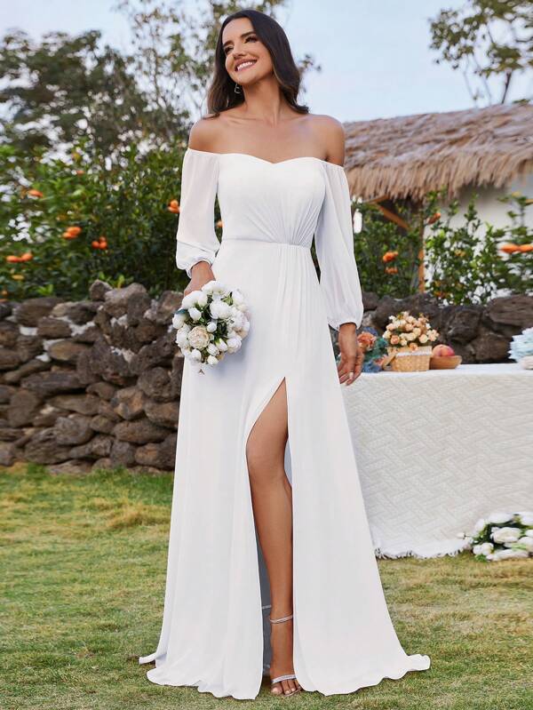 Elegantes Chiffon Abendkleid mit Off-Shoulder Silhouette und Beinschlitz für Sommerhochzeiten und Gartenpartys, Brautkleid in Weiß