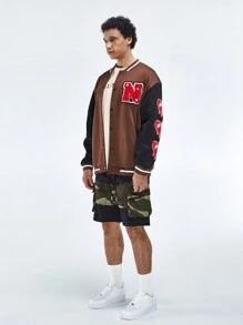 Manfinity Campus Court Spring And Autumn Men Loose-Fit Drop Shoulder Long-Sleeved Baseball Jacket With Letter And Heart Print In Contrasting Colors - Multicolor - View 4