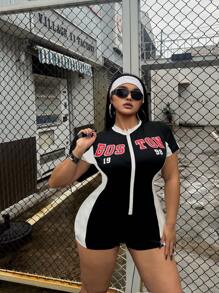 Flirla Letter Printed Short Sleeve Top And Shorts Jumpsuit With Front Zipper - Black and White - View 6