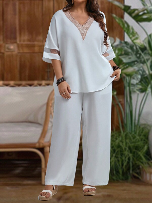 EMERY ROSE Top cu decolteu în V și pantaloni cu picioare largi, brodate, uni, 2 buc/set