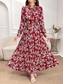 Mulvari Elegant Floral Allover Print Long Sleeve Midi Dress With Cinched Waist For Spring/Summer For New Year Clothes Maxi Women Outfit Fall Cloth For Women - Red - View 6