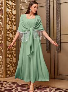 Al Najma Elegant Rhinestone Tassel Decorated Batwing Sleeve Long Dress With Straps, Summer
