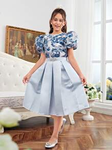 SHEIN 2pcs Tween Girl Sibling Outfits: Jacquard Round Neck Puff Sleeve Shirt And Color-Block Mini Skirt Set
