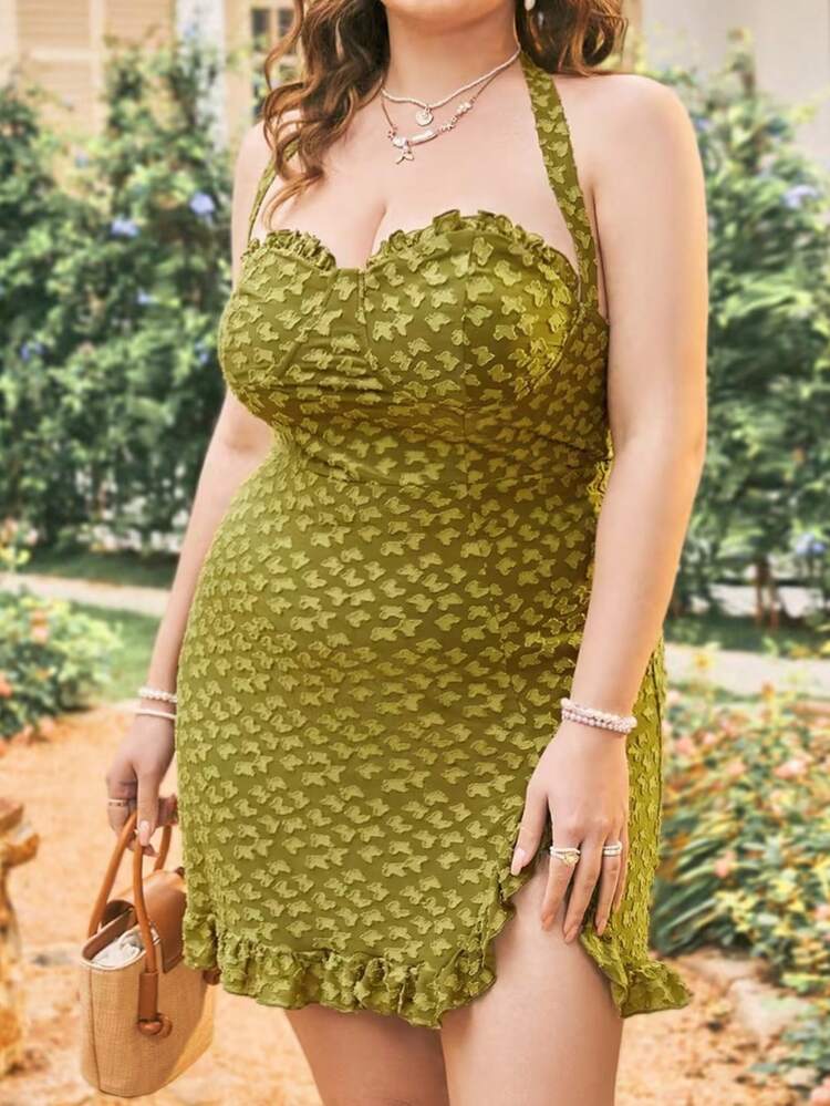 Women's Plus Size Casual Holiday Cutout Floral Design Asymmetrical Hem Halter Dress