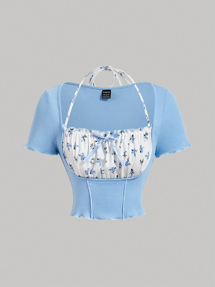 SHEIN MOD Blue Knit2 In 1 T-Shirt With Ditsy Floral Print And Ruched Chest - Blue and White - View 1