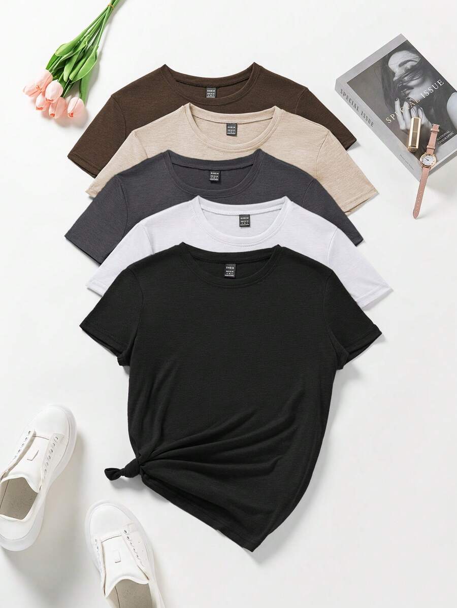 INAWLY Áo thun nữ ngắn tay cổ tròn màu trơn cho mùa hè - Nhiều màu - Xem 1