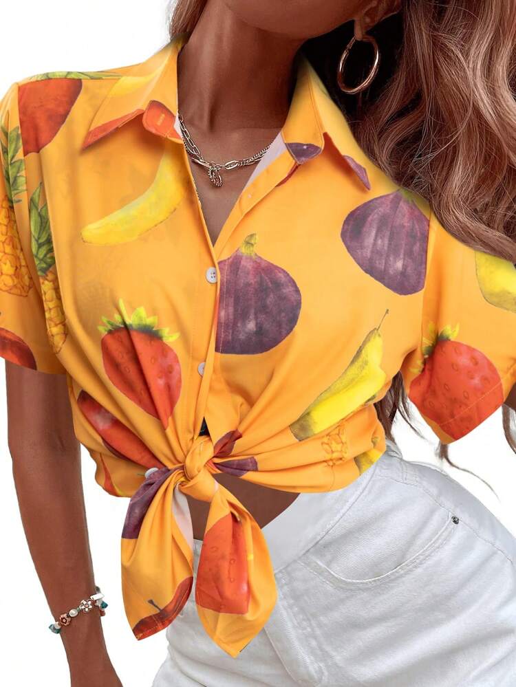 Women's Holiday Casual Fruit Printed Tie-Front Short Sleeve Shirt