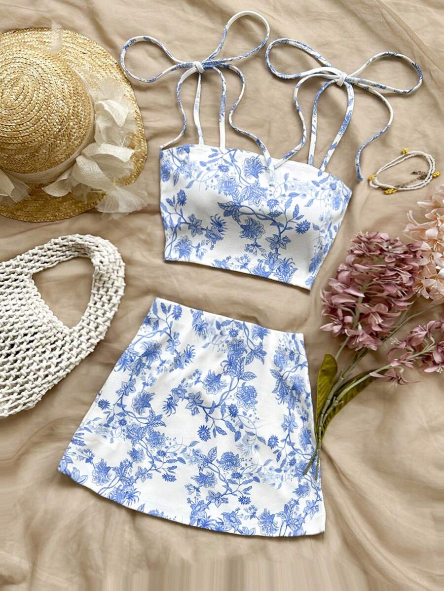 Soleia Blue & White Floral Knitted Texture Strap Skirt Set For Women ...