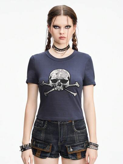 Grunge Punk Playera para mujer ajustada con patrón de esqueleto, estilo punk oscuro