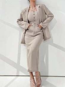 Modelyn 女士单排扣纯色开叉连衣裙和纯色简约西装外套套装两件套