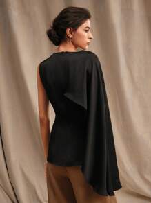 Anewsta Women's Round Neck Solid Color One-Shoulder Casual Daily Wear Shirt - Black - View 3
