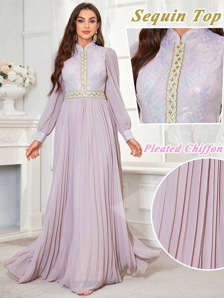 Damska sukienka ze stójką, arabska długa sukienka koronkowa z paskiem w talii