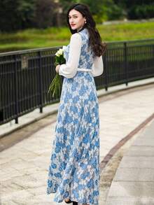 Elegant Lace Splice Heavywork Women Evening Party Dress (Belt Not Included) - Multicolor - View 3