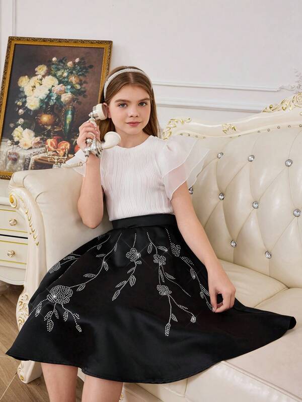 SHEIN Tween Girl Casual High Waist Embellished Floral Pattern A-Line Skirt