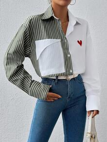 Cottnline Shirt With Heart Embrodiery - Khaki - View 5