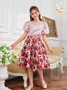 SHEIN Tween Girls' Sweet Puff Sleeve Shirt With Jewel Neckline And Floral Print Skirt Two-Piece Set - Burgundy - View 6