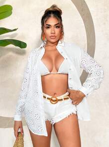 SHEIN SXY Camisa blanca de manga larga con encaje calado y bordado para ocasiones informales y vacaciones