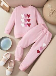 SHEIN Toddler Girls Heart Print Pullover & Joggers - Pink - View 1